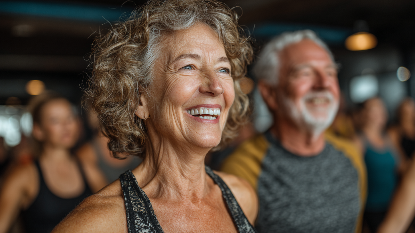 Усмихната възрастна жена след тренировка с персонален треньор